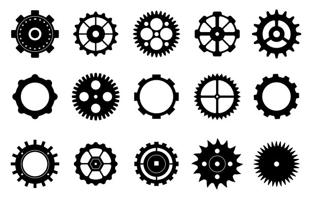 齿轮平面图标，工厂齿轮图形。黑色齿轮符号。进度或服务过程，工作周期象形象形矢量要素图片下载