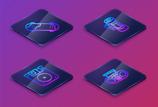 设置等距线滑板技巧，软盘，相机卷卡带和家庭音响与两个扬声器。蓝色方框按钮。向量图片下载