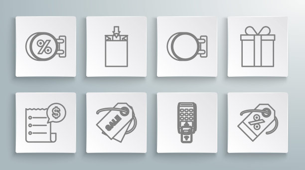 纸质结账和财务结账，POS机打印收据确认智能手机付款，折扣百分比，招牌悬挂，礼盒和折扣图标。向量图片下载