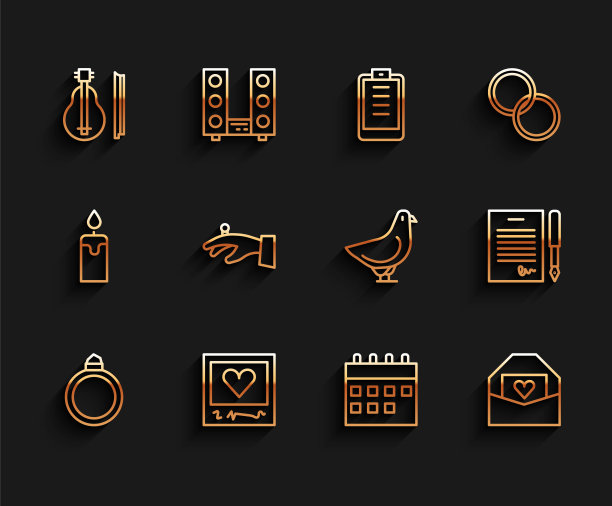 集行钻石订婚戒指，相框和心形，小提琴，日历，信封与情人节，结婚戒指手，婚姻合同和鸽子图标。向量图片下载