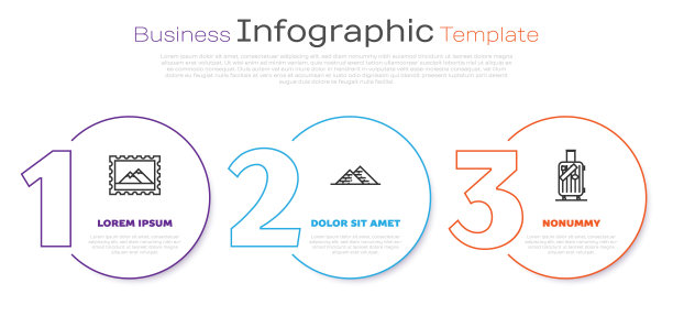 套装行邮票和山脉，埃及金字塔和旅行箱和贴纸。业务信息图模板。向量图片下载
