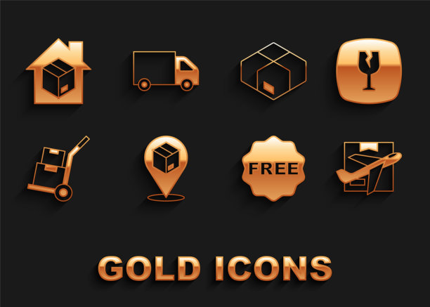 设置位置与纸箱，易碎玻璃，飞机和，大米标签免费，手推车箱，纸箱，送货上门服务和送货货物图标。向量图片下载