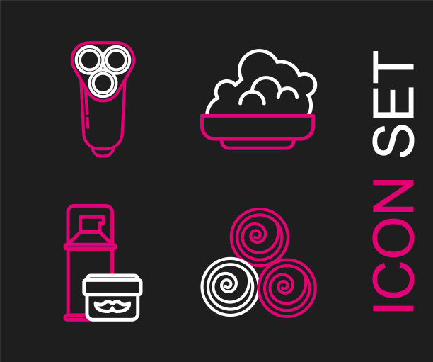 设置线毛巾卷，剃须凝胶泡沫，和电动剃须刀片的男人图标。向量图片下载