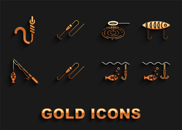 设置钓鱼线与钩和浮，诱饵，水下鱼，杆，网，蠕虫和图标。向量图片下载
