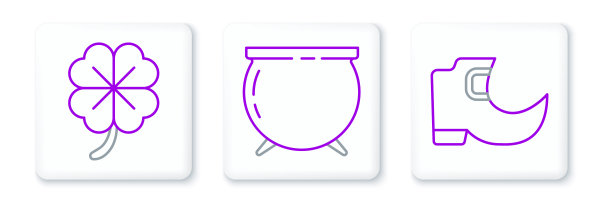 布景线传统的妖精靴子，四叶草和女巫大锅图标。向量图片下载