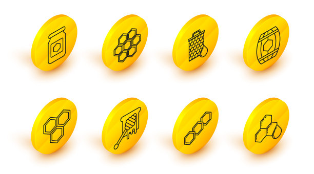 集线蜂巢，滴落蜂蜜勺棒，木桶，和罐的图标。向量图片下载