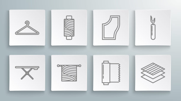 套装线熨衣板，缝纫线线轴，针织，纺织织物卷，图案，刀具和衣架衣柜图标。向量图片下载