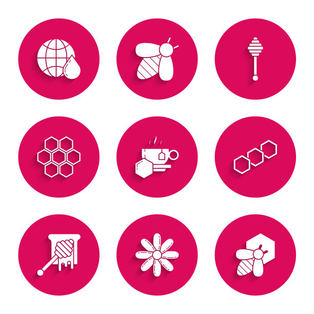 茶杯与蜂蜜，花，蜜蜂和蜂巢，蜂巢，勺棒滴水，地图世界图标。向量图片下载