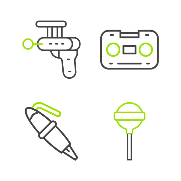 设定线棒棒糖，钢笔笔尖，复古音频卡带和雷枪图标。向量图片下载