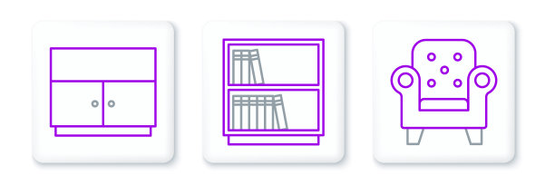设定线扶手椅，衣柜和图书馆书架图标。向量图片下载