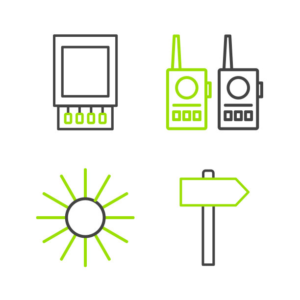 设置行道路交通路标，太阳，对讲机和打开火柴盒和火柴图标。向量图片下载