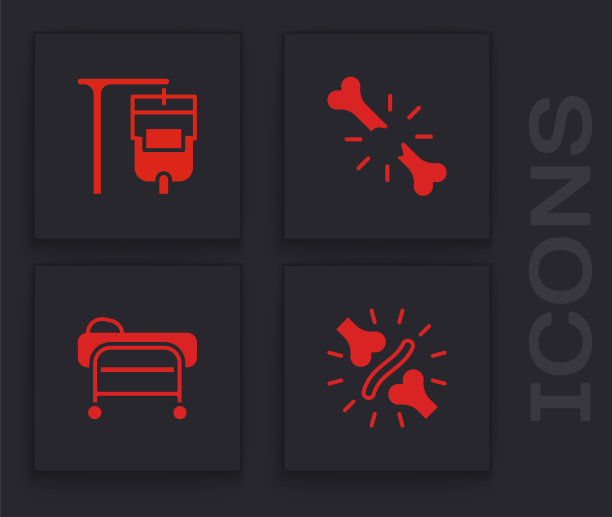 设置关节疼痛，膝盖疼痛，静脉输液袋，人体骨折和担架图标。向量图片下载