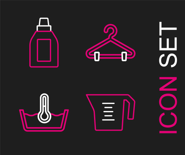设置线量杯，温度洗涤，衣架衣柜和瓶清洗剂图标。向量图片下载