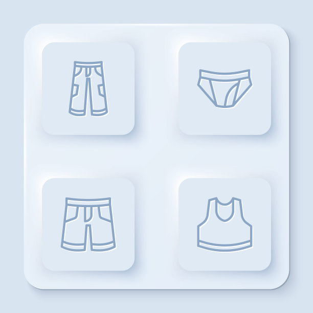 系列裤子，男士内裤，短或和汗衫。白色方形按钮。向量图片下载