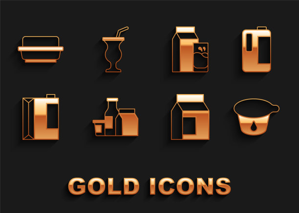 设置牛奶产品，在塑料瓶，酸奶容器，纸包装的牛奶，开非尔，黄油黄油盘和奶昔图标。向量图片下载