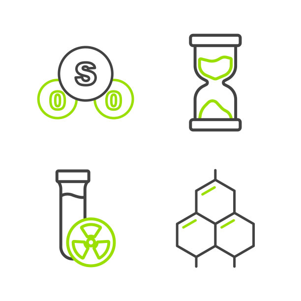 设置线化学公式，有毒液体试管，旧沙漏和二氧化硫SO2图标。向量图片下载