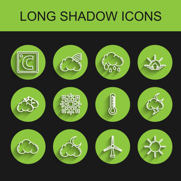 设置线云，与月亮和星星，摄氏度，风力涡轮机，太阳，雪花，风暴和温度计图标。向量图片下载