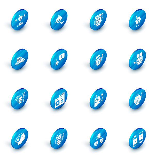 设置服务员机器人，机器人低电量，自动智能汽车，机器人，机械手和图标。向量图片下载