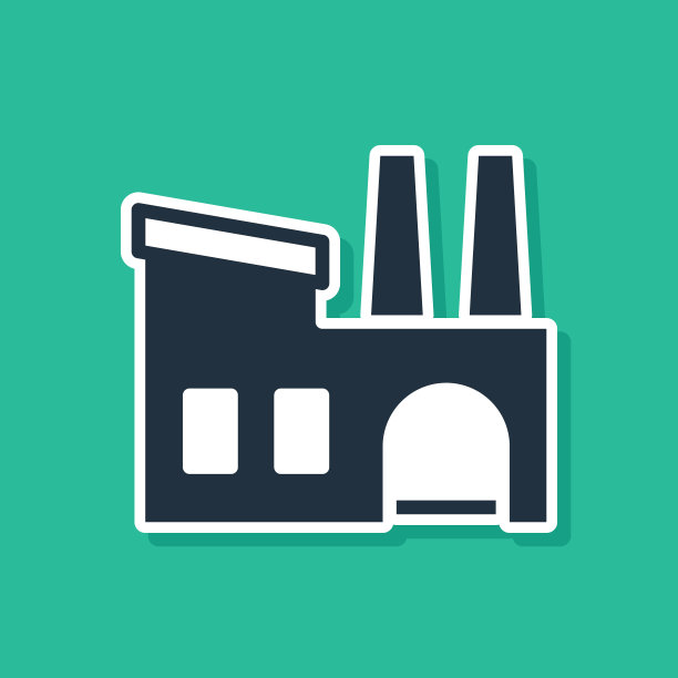 蓝色工厂图标隔离在绿色背景上。工业建筑。向量图片下载