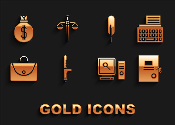 设置警察橡皮棒，复古打字机，诉讼纸，搜索电脑屏幕，公文包，羽毛笔，钱袋和正义的图标鳞片。向量图片下载