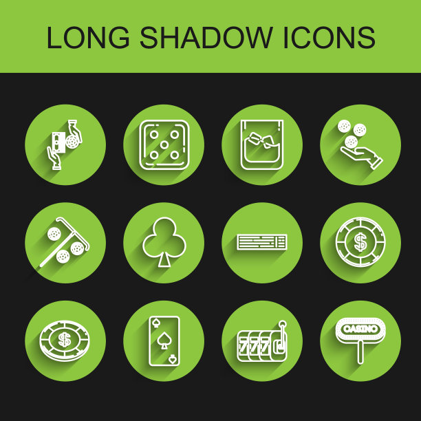 集线赌场芯片与美元符号，打牌黑桃，筹码交换在一堆美元，老虎机幸运七头奖，招牌，俱乐部，和甲板纸牌图标。向量图片下载