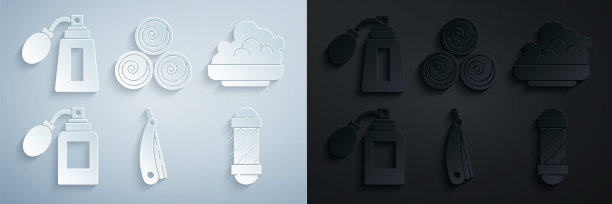 设置直剃刀，剃须凝胶泡沫，须后瓶与雾化器，经典理发店杆，毛巾卷和图标。向量图片下载