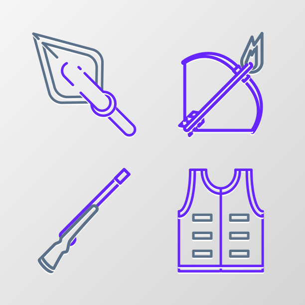 集线狩猎夹克，枪，弓和火箭和潮提示图标。向量图片下载