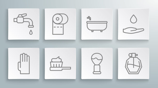 设置线橡胶手套，卫生纸卷，牙刷牙膏，剃须，香水，浴缸，洗手肥皂和水龙头图标。向量图片下载