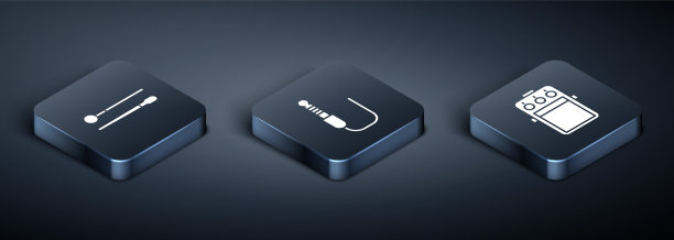 设置等距鼓棒，吉他踏板和音频插孔图标。向量图片下载