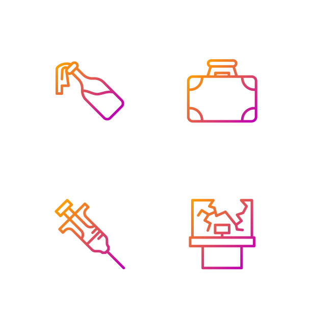 设置线打碎的窗户，注射器，鸡尾酒燃烧弹和公文包和钱。渐变颜色图标。向量图片下载