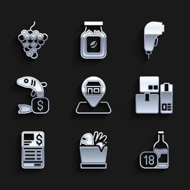 设置位置市场商店，购物袋和食品，酒瓶，收银机，纸质财务支票，鱼的价格标签，扫描仪扫描条形码和葡萄水果图标。向量图片下载