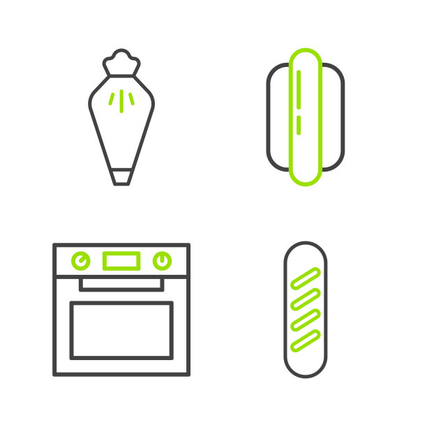 集线法国法棍面包，烤箱，热狗三明治和糕点图标。向量图片下载