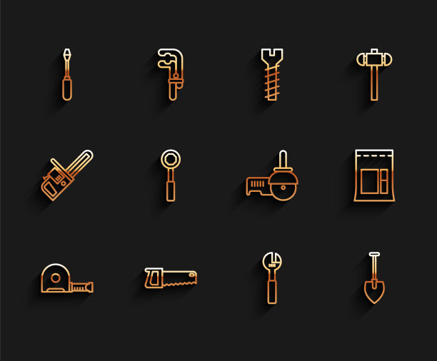 设置线轮盘结构，手锯，螺丝刀，活动扳手，铲子，扳手扳手，水泥袋和角磨机图标。向量图片下载