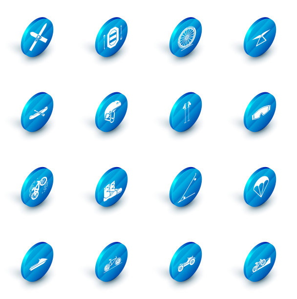 设置漂流船，自行车轮，悬挂滑翔机，把戏，头盔，滑雪镜和杆子图标。向量图片下载