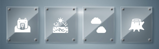 设置树桩，云，干旱和北极熊头。方形玻璃面板。向量图片下载