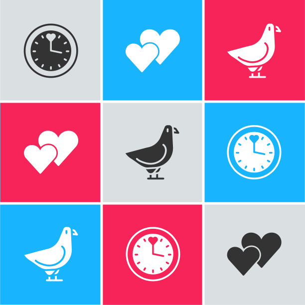 设置时钟，心脏和鸽子图标。向量图片下载