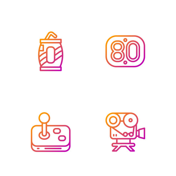 设置线复古电影相机，操纵杆，苏打罐与吸管和80年代。渐变颜色图标。向量图片下载