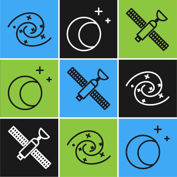 设置线黑洞，卫星和月亮和星星图标。向量图片下载