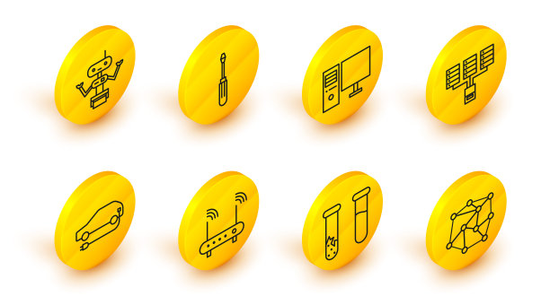 设置线路神经网络，试管和烧瓶，路由器wi-fi信号，电动汽车，服务器，数据，网络托管，计算机显示器，螺丝刀和机器人图标。向量图片下载