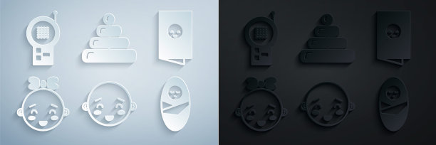 设置快乐的小男孩头，婴儿淋浴邀请卡，海报，女孩，新生婴儿襁褓，金字塔玩具和监视器对讲机图标。向量图片下载