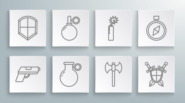 设定线手枪或枪，手榴弹，中世纪斧头，盾牌与交叉剑，炸药炸弹棍时钟，指南针和盾牌图标。向量图片下载