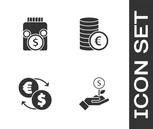 设置美元植物，玻璃钱罐与硬币，货币兑换和硬币欧元符号图标。向量图片下载