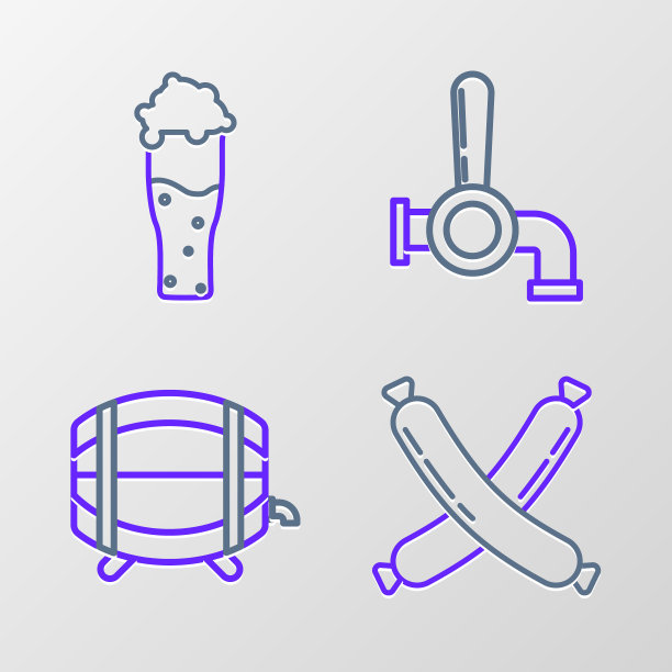 设置线交叉香肠，木桶上架与旋塞，啤酒水龙头和啤酒图标的杯子。向量图片下载