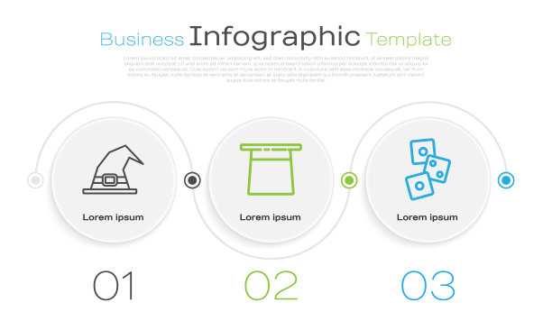 集行女巫帽，魔术师帽和游戏骰子。业务信息图模板。向量图片下载