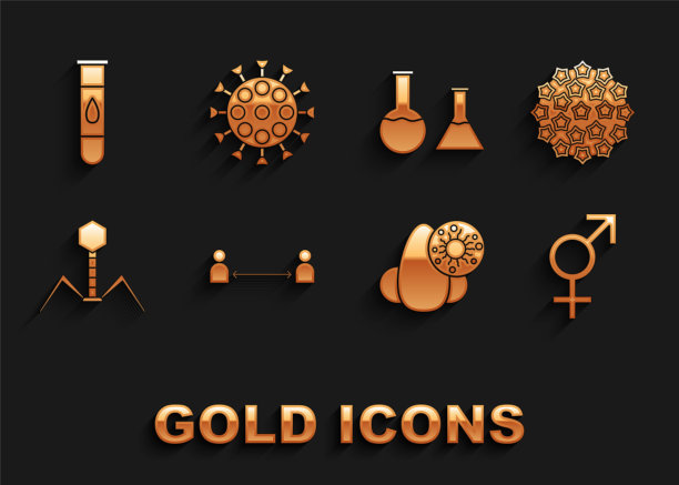 设置安全距离、病毒、性别、流鼻涕和病毒、细菌噬菌体、试管烧瓶、血液测试和图标。向量图片下载