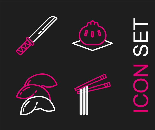 设置线亚洲面条和筷子，中国幸运饼干，刀板上的钦卡利和传统的日本武士刀图标。向量图片下载