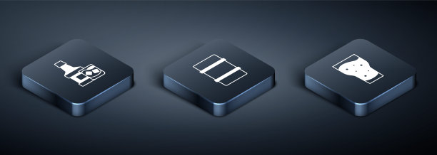 设置等距威士忌酒瓶和玻璃杯，啤酒杯和金属酒桶图标。向量图片下载