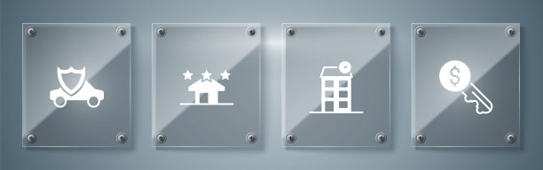设置租赁钥匙，房子，房地产和汽车与盾牌。方形玻璃面板。向量图片下载