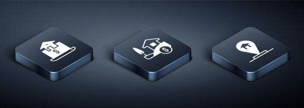 设置等距在线房地产，位置房子和房子与美元图标。向量图片下载