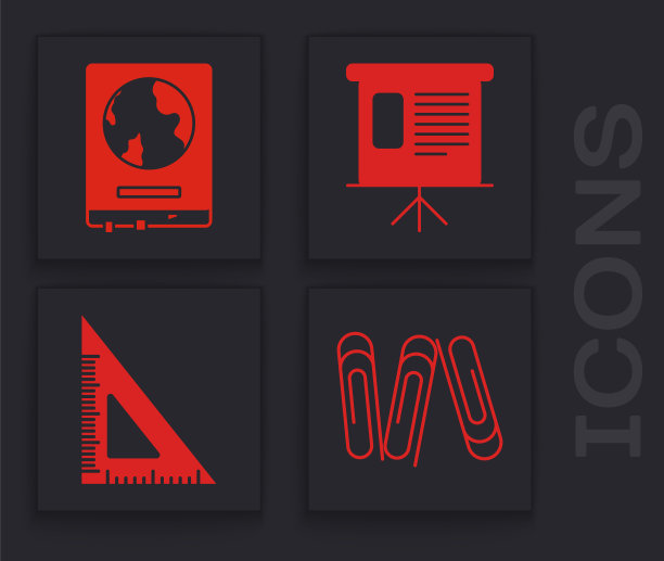 在学校黑板上设置回形针，世界地图，展示财务板，图表，时间表，图表，图表，信息图，饼图和三角形标尺图标。向量图片下载